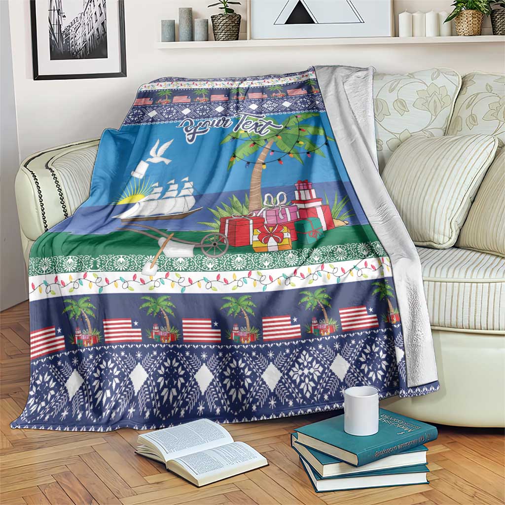 Blue custom Christmas blanket with palm tree, presents, flags and decorative border