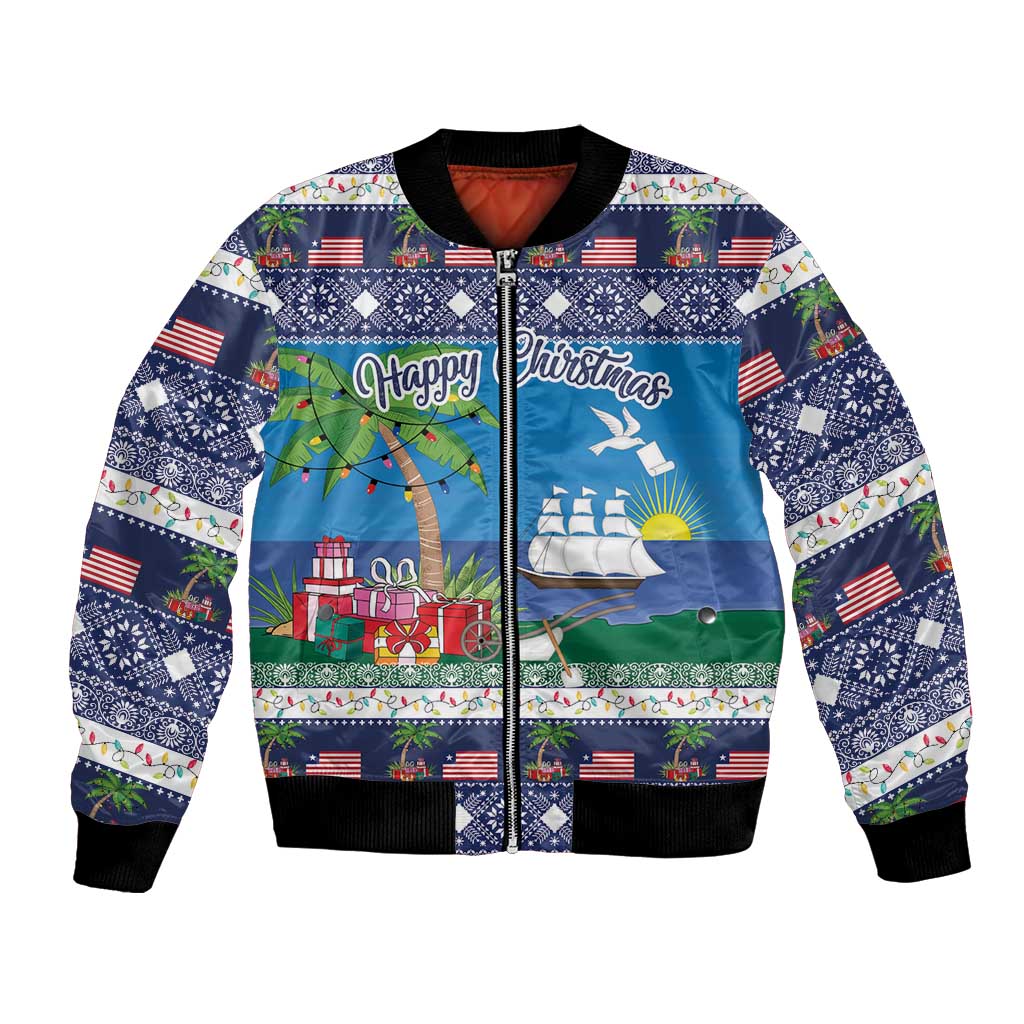 Blue unisex Christmas bomber jacket with festive holiday graphic and zip front