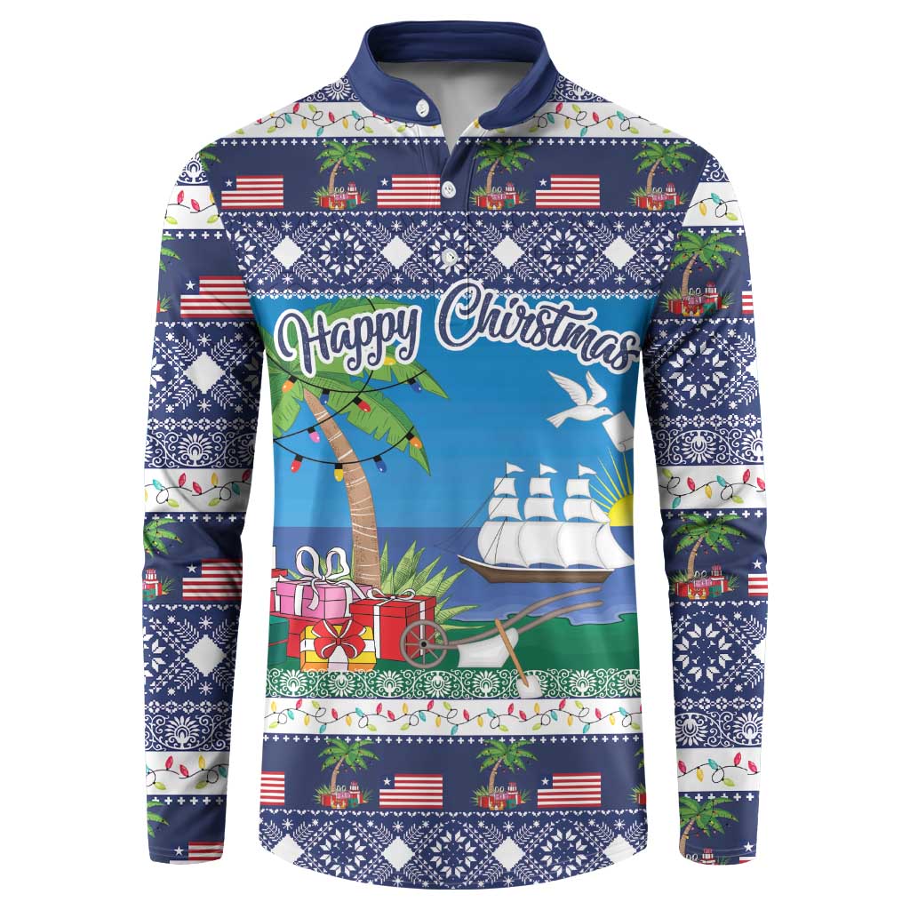 Blue button-up sweatshirt with Happy Christmas graphic and festive border on front.