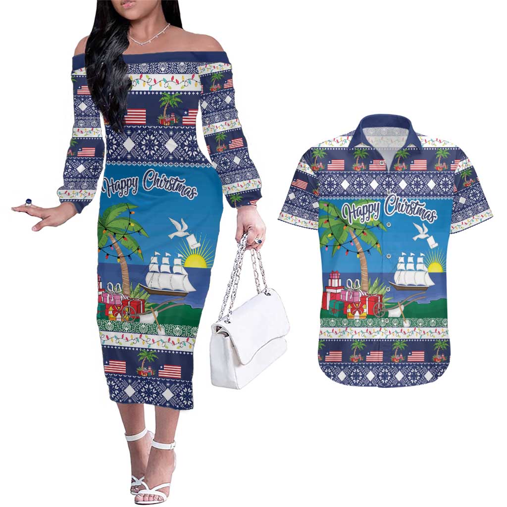 Personalized Liberia Christmas Couples Matching Off The Shoulder Long Sleeve Dress and Hawaiian Shirt The Love of Liberty Brought Us Here - Wonder Print Shop