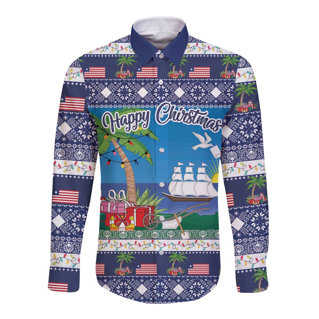 Blue long-sleeve button shirt with Christmas graphic and “Happy Christmas” text