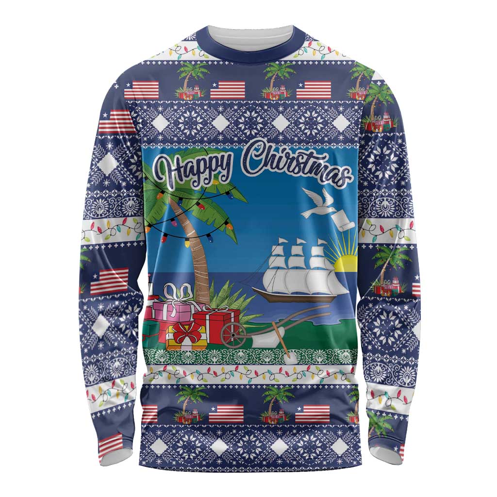 Unisex blue long-sleeve Christmas graphic shirt with Happy Christmas text and ship