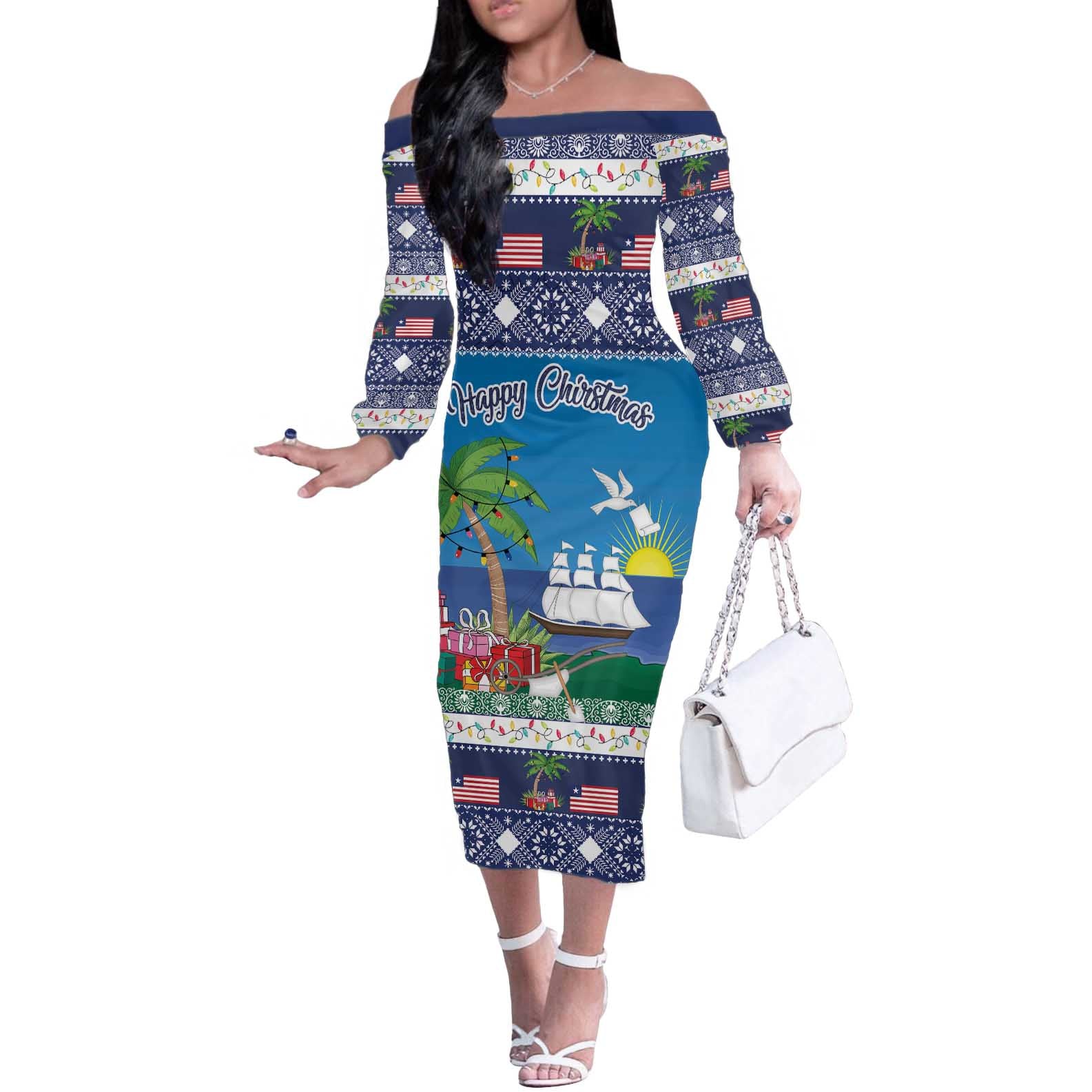 Personalized Liberia Christmas Off The Shoulder Long Sleeve Dress The Love of Liberty Brought Us Here - Wonder Print Shop