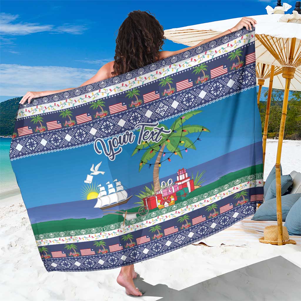 Blue Christmas sarong with “Your Text” and festive border pattern, draped