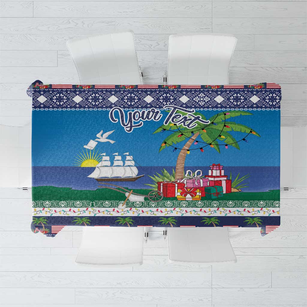 Blue holiday tablecloth with festive multicolor border and decorative central print