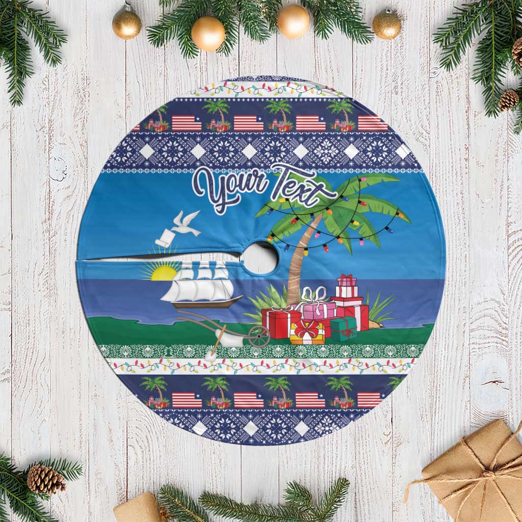 Personalized blue Christmas tree skirt with white fringe and patriotic nautical graphic
