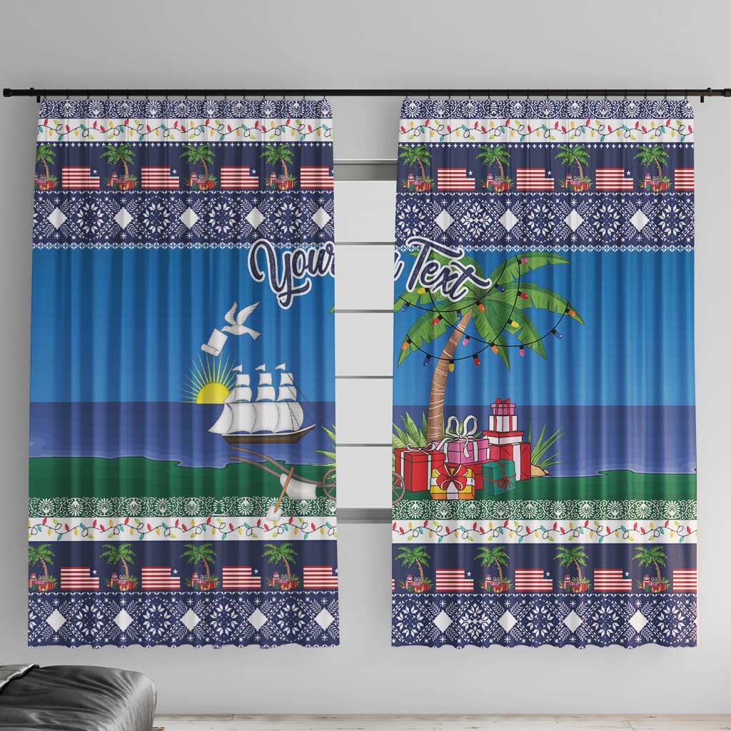 Blue window curtains with Liberty-themed print, boats, gifts, and palm trees; full panels.