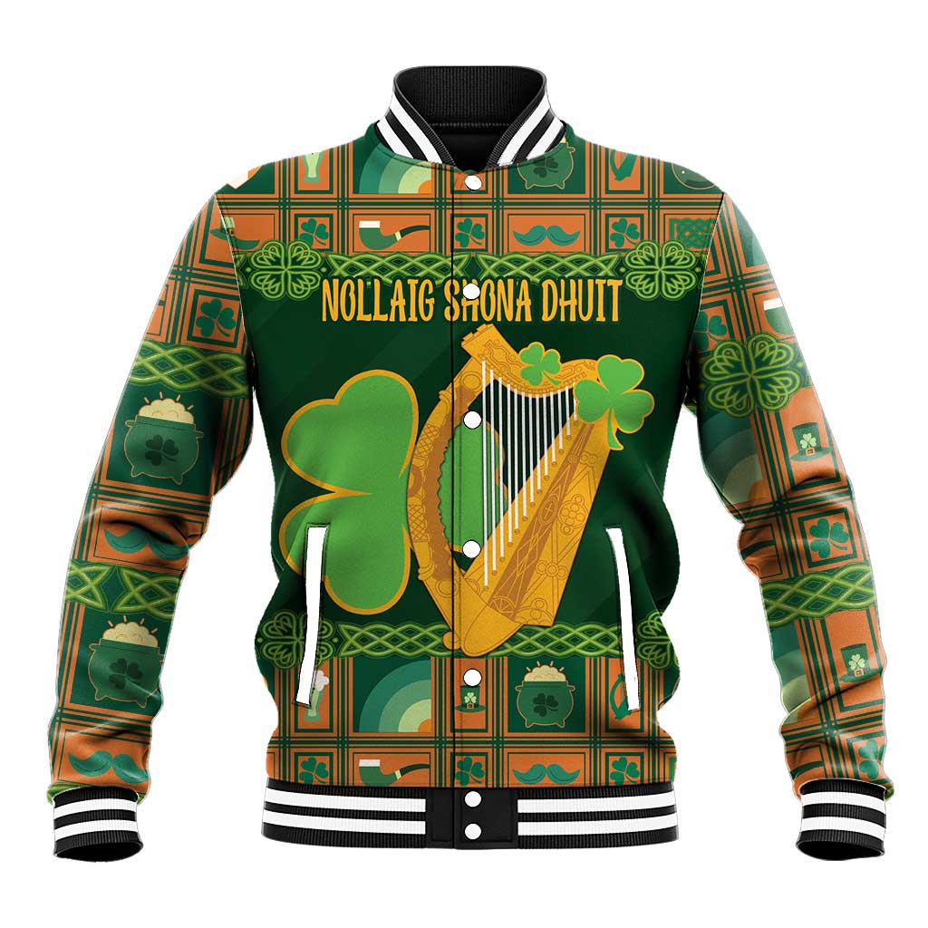 Green Irish-themed baseball jacket with shamrocks, harp graphic, and ribbed striped cuffs