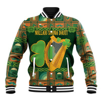 Green Irish-themed baseball jacket with shamrocks, harp graphic, and ribbed striped cuffs
