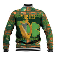 Green Irish-themed baseball jacket back with harp, shamrocks, and YOUR TEXT print