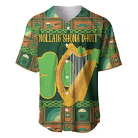 Green Irish baseball jersey with gold harp graphic, shamrock motif, button-front.