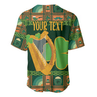 Green Irish baseball jersey back with 'YOUR TEXT', gold harp and shamrock print.