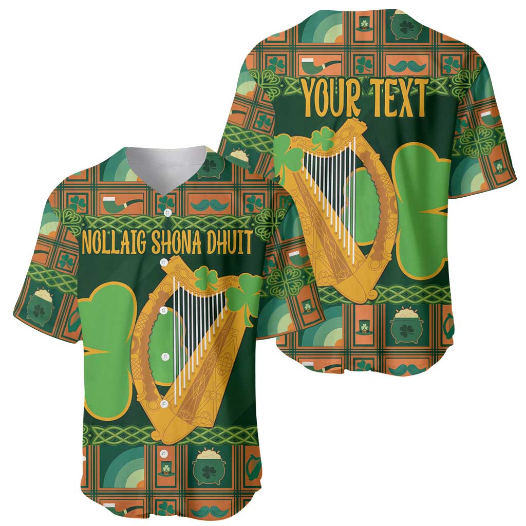 Pair of green Irish baseball jerseys showing front and back; 'YOUR TEXT' and harp print.