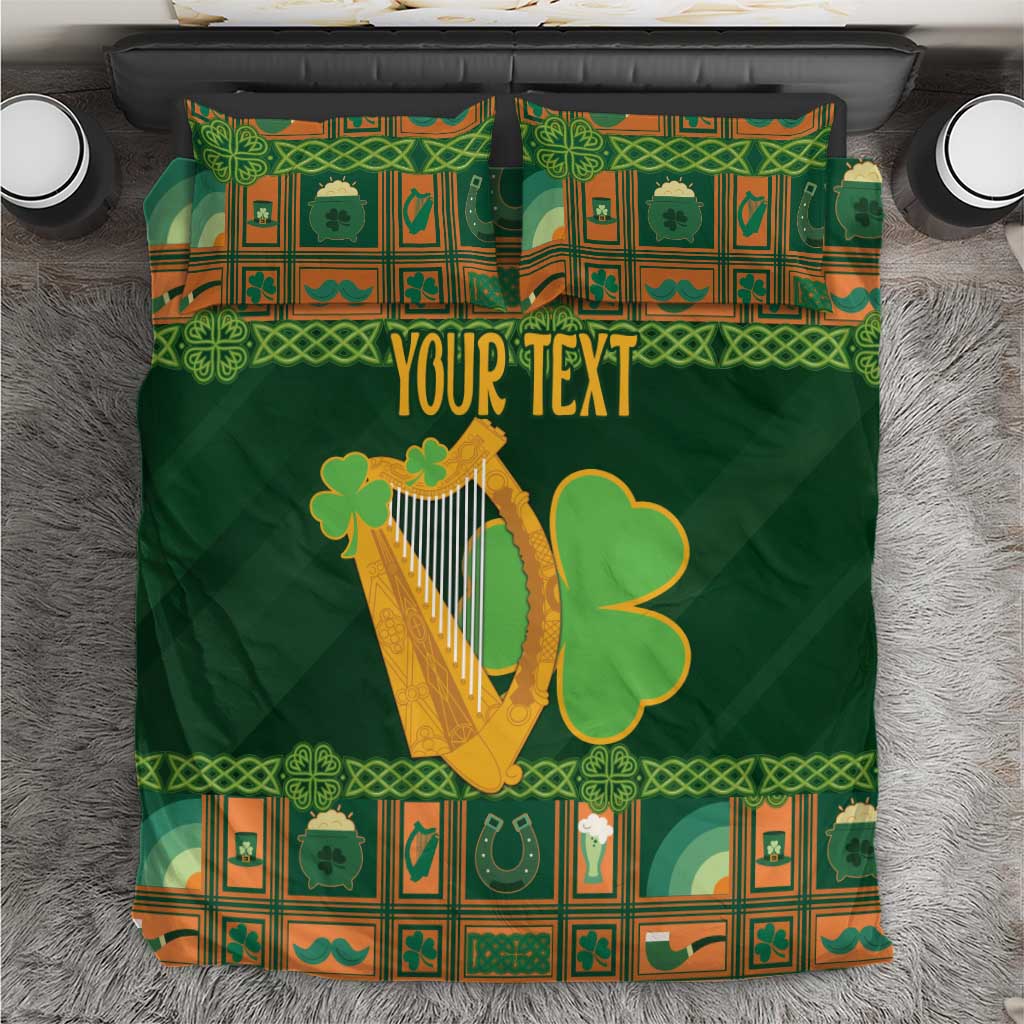 Green Christmas duvet set with harp and shamrock, plus 'YOUR TEXT' center print
