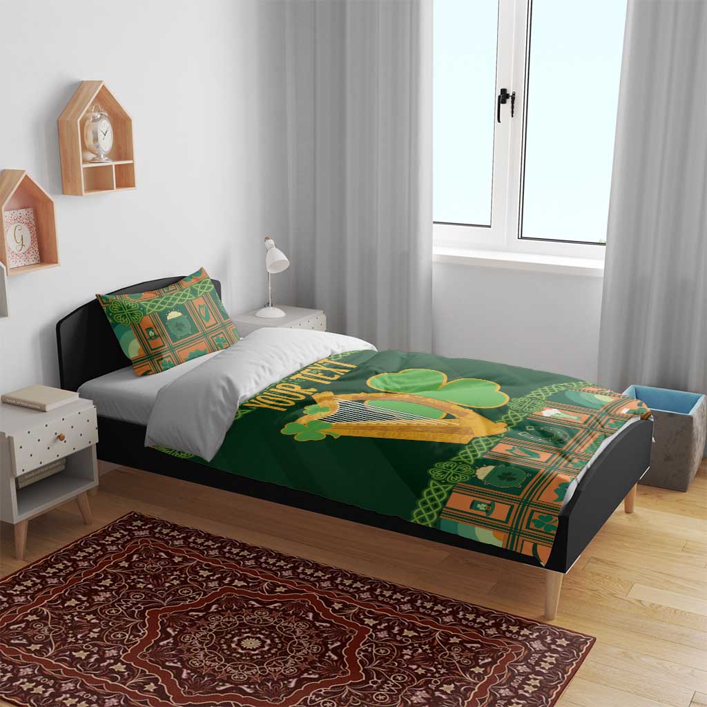 Green Christmas duvet set with harp and shamrock print on bed with pillow