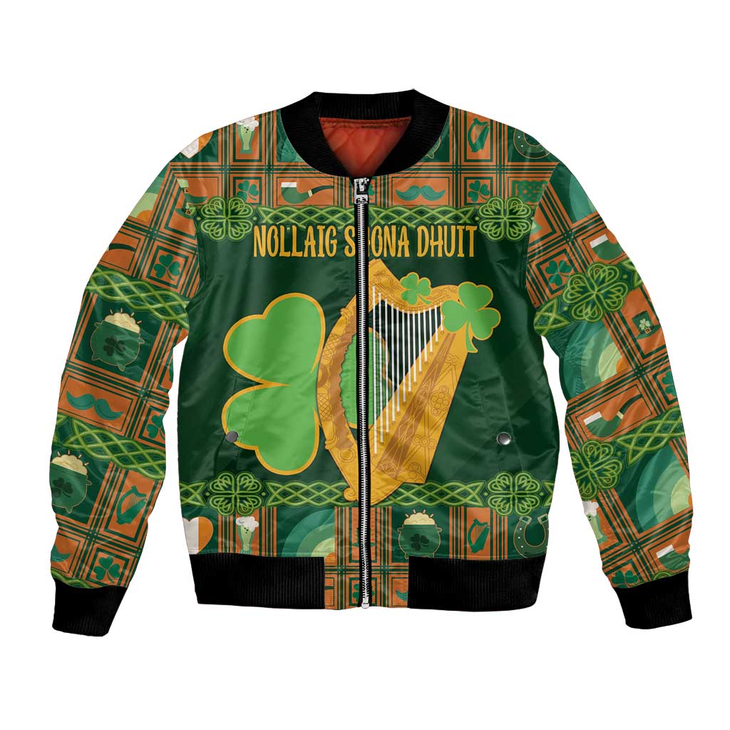 Green bomber jacket with full-zip front, Irish harp and shamrock graphic, ribbed cuffs