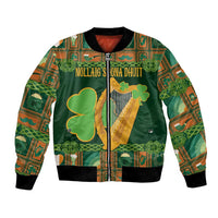Green bomber jacket with full-zip front, Irish harp and shamrock graphic, ribbed cuffs