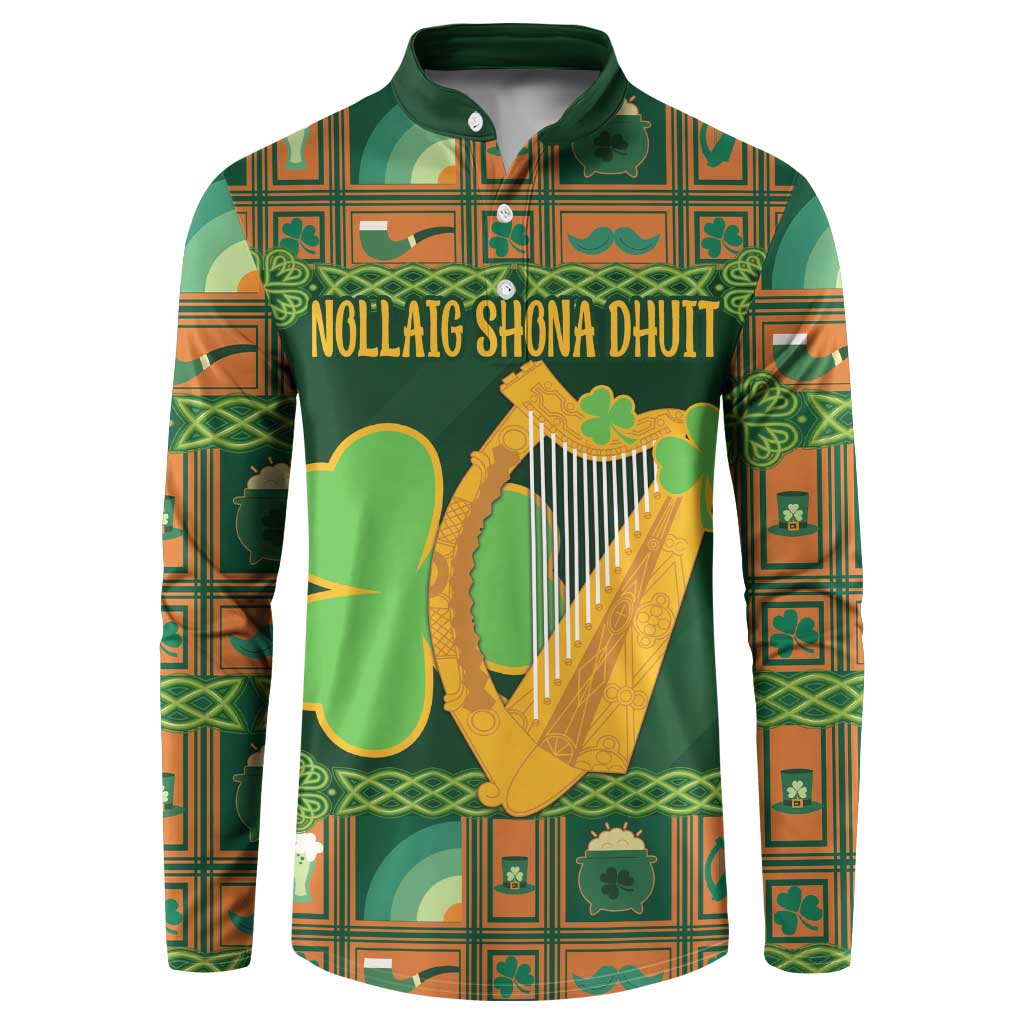 Green Irish button henley sweatshirt with harp and shamrock clover front print