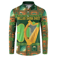 Green Irish button henley sweatshirt with harp and shamrock clover front print