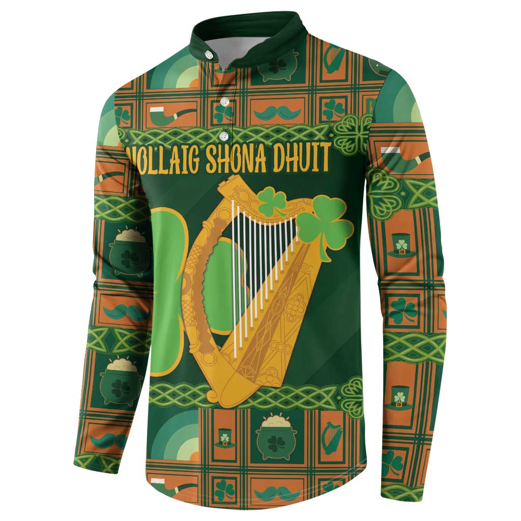 Green Irish button henley sweatshirt front text NOLLAIG SHONA DHUIT with harp