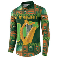 Green Irish button henley sweatshirt front text NOLLAIG SHONA DHUIT with harp