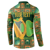 Green Irish button henley sweatshirt back print: YOUR TEXT over harp and shamrocks