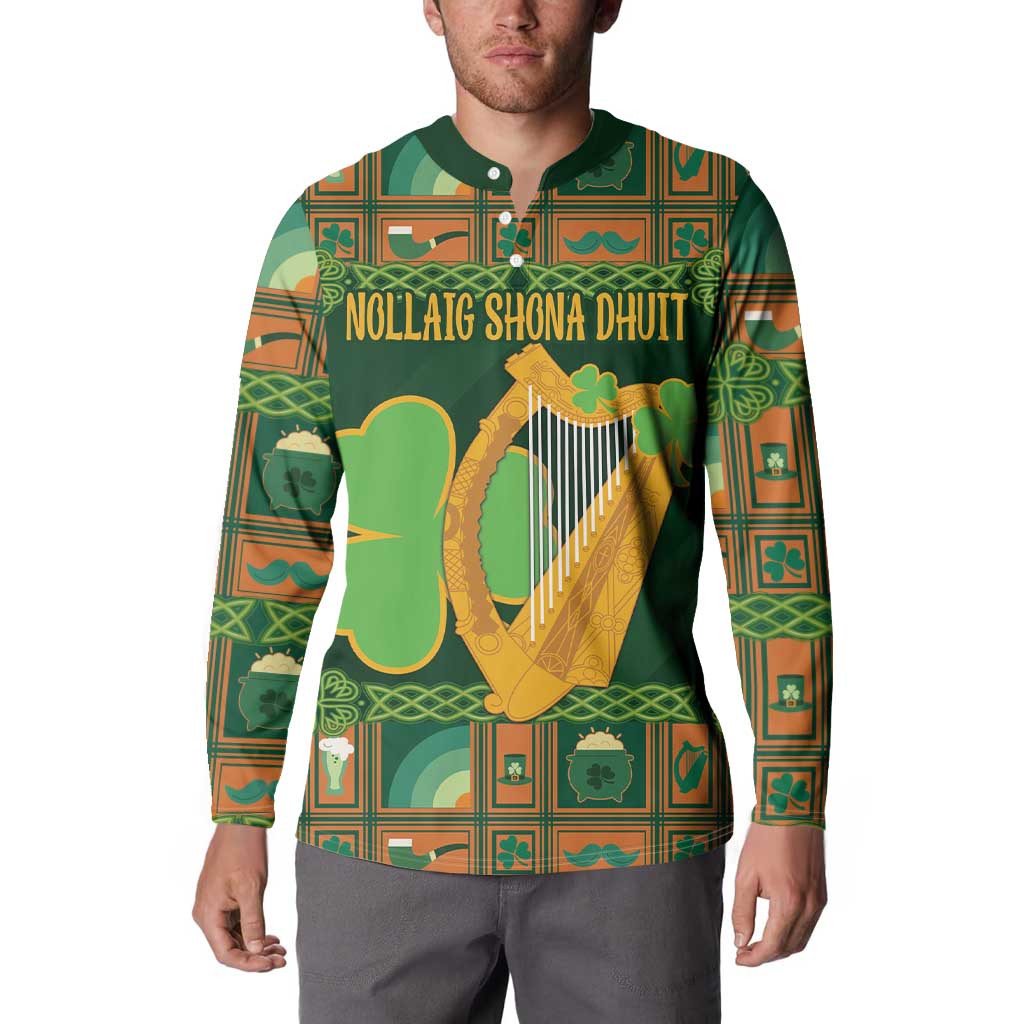 Green Irish button henley sweatshirt with harp and shamrock clover front, full torso