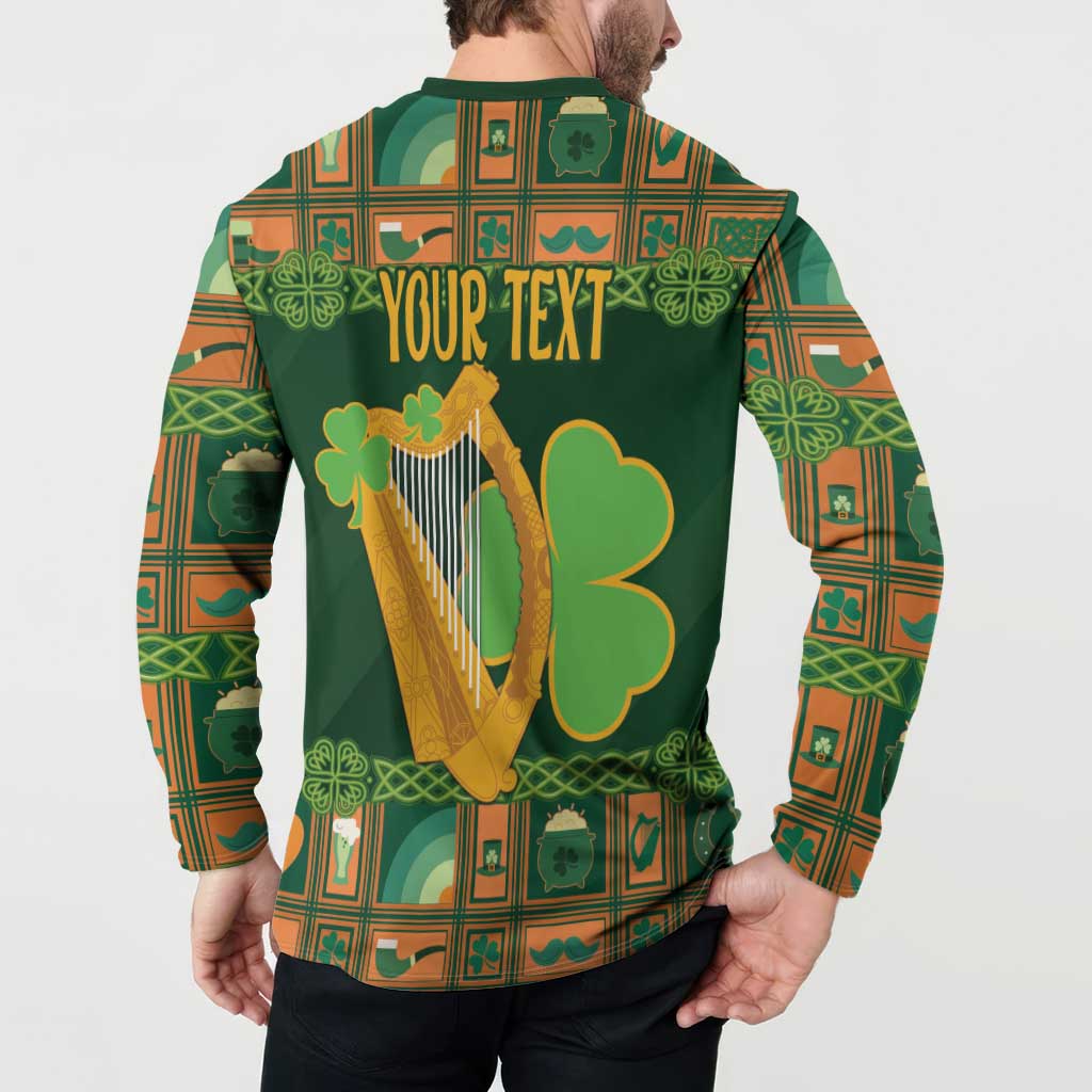 Green Irish button henley sweatshirt back print: YOUR TEXT with harp shamrocks