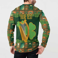 Green Irish button henley sweatshirt back print: YOUR TEXT with harp shamrocks