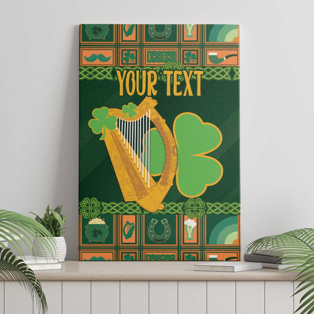 Green canvas wall art with gold harp, clover icons, and 'Your Text' headline