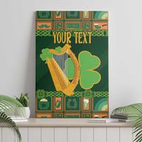Green canvas wall art with gold harp, clover icons, and 'Your Text' headline
