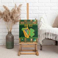 Green canvas wall art featuring gold harp, clover shapes, and 'Your Text'