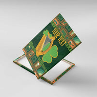 Green canvas wall art with gold harp and shamrock clover icons; 'Your Text'