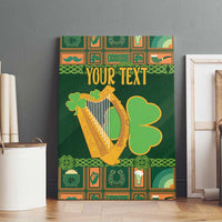 Green framed canvas wall art with gold harp, clovers, and 'Your Text' text