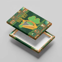 Green canvas wall art with gold harp and shamrock icons on a wooden stretcher