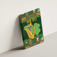 Green canvas wall art with gold harp, clover icons, and 'Your Text' on wall