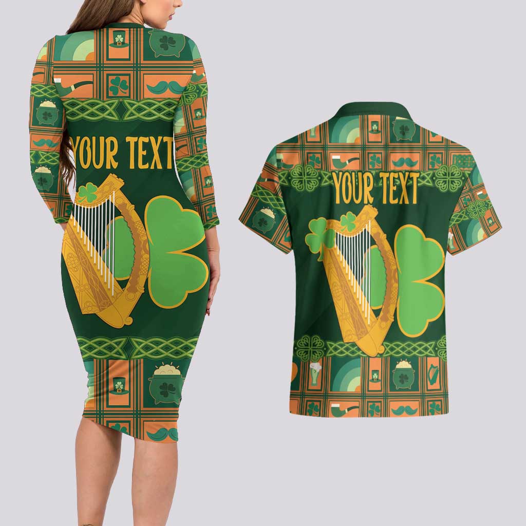 Personalized Ireland Christmas Couples Matching Long Sleeve Bodycon Dress and Hawaiian Shirt Irish Harp With Lucky Shamrock - Wonder Print Shop