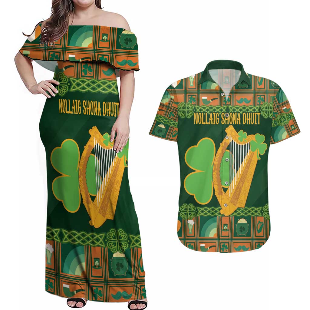 Personalized Ireland Christmas Couples Matching Off Shoulder Maxi Dress and Hawaiian Shirt Irish Harp With Lucky Shamrock - Wonder Print Shop