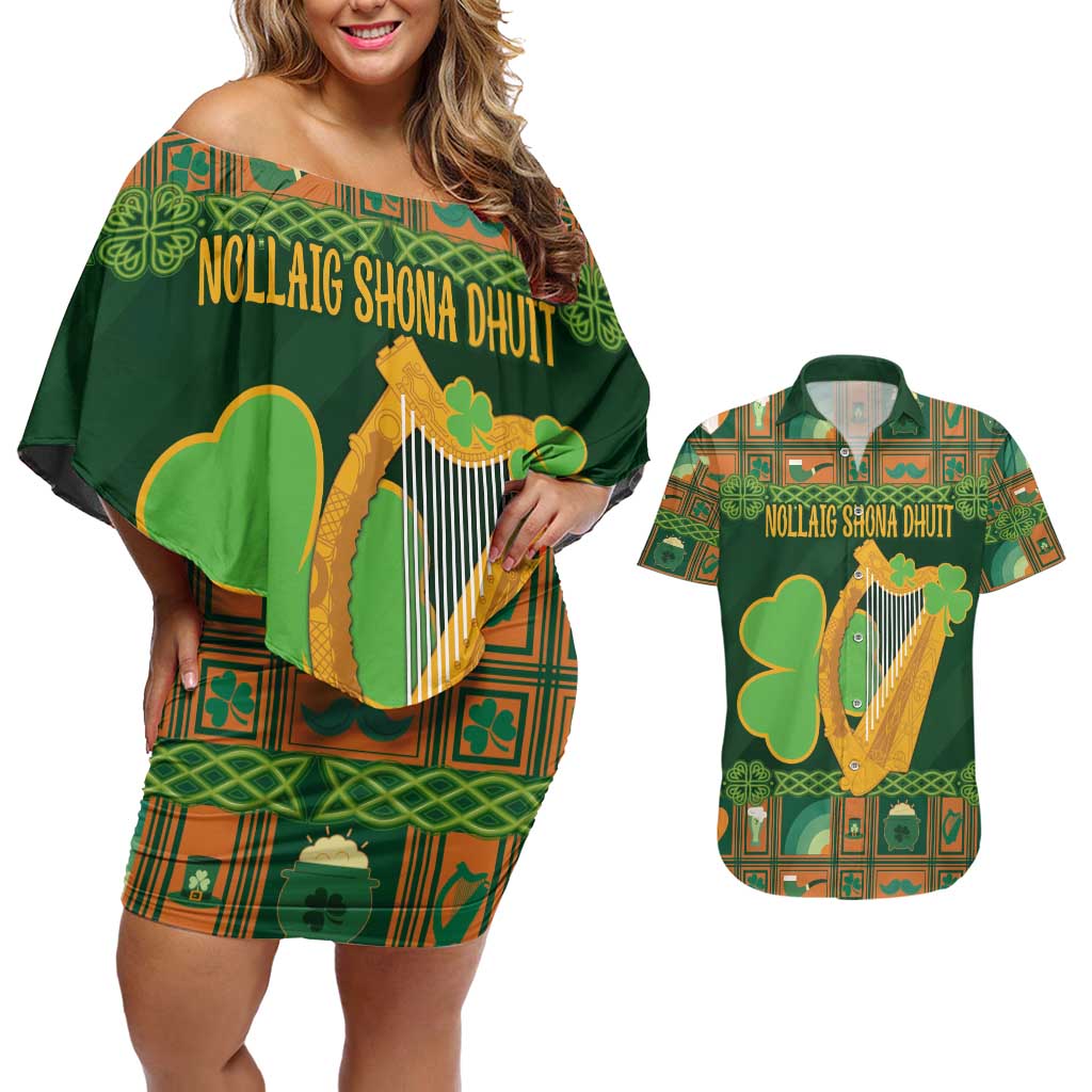 Personalized Ireland Christmas Couples Matching Off Shoulder Short Dress and Hawaiian Shirt Irish Harp With Lucky Shamrock - Wonder Print Shop