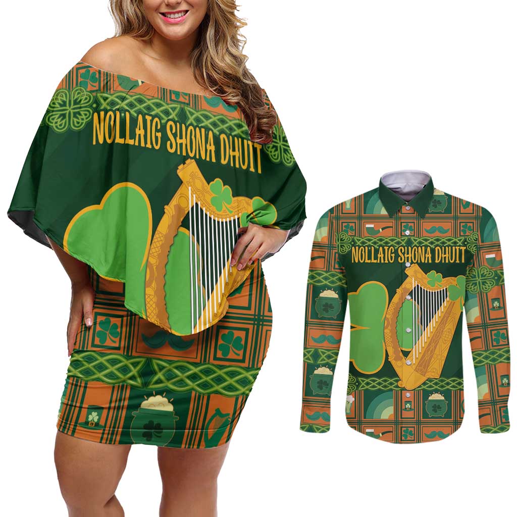 Personalized Ireland Christmas Couples Matching Off Shoulder Short Dress and Long Sleeve Button Shirt Irish Harp With Lucky Shamrock - Wonder Print Shop