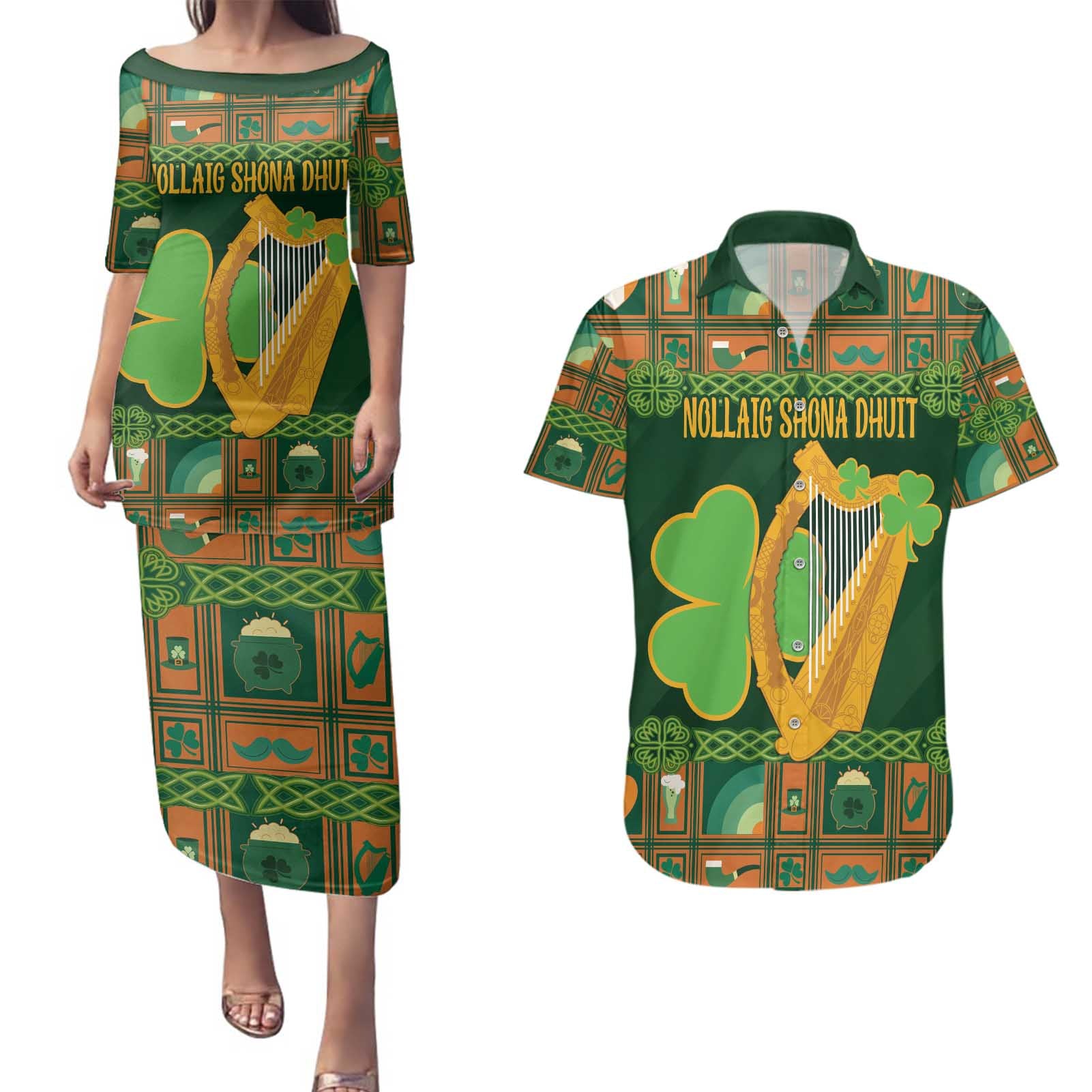 Personalized Ireland Christmas Couples Matching Puletasi and Hawaiian Shirt Irish Harp With Lucky Shamrock - Wonder Print Shop