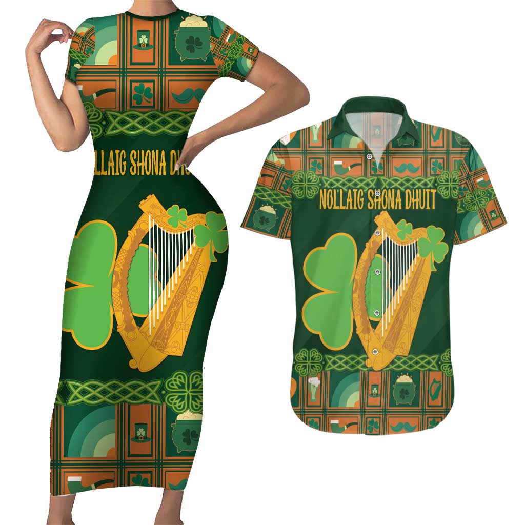 Personalized Ireland Christmas Couples Matching Short Sleeve Bodycon Dress and Hawaiian Shirt Irish Harp With Lucky Shamrock - Wonder Print Shop