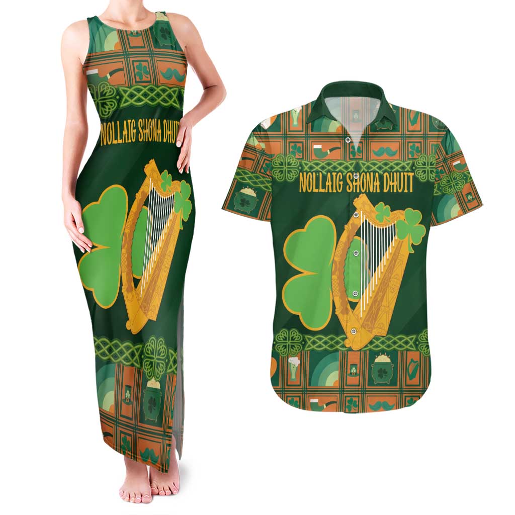 Personalized Ireland Christmas Couples Matching Tank Maxi Dress and Hawaiian Shirt Irish Harp With Lucky Shamrock - Wonder Print Shop