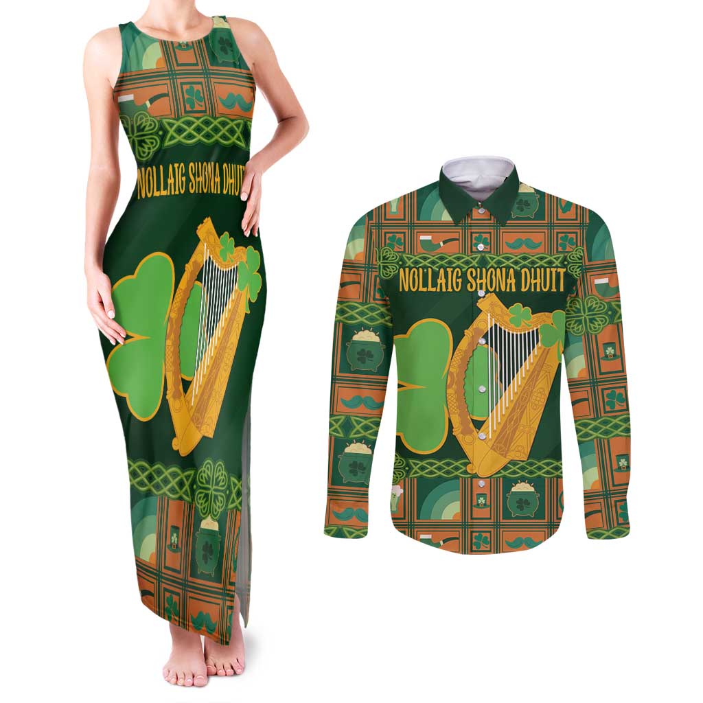 Personalized Ireland Christmas Couples Matching Tank Maxi Dress and Long Sleeve Button Shirt Irish Harp With Lucky Shamrock - Wonder Print Shop