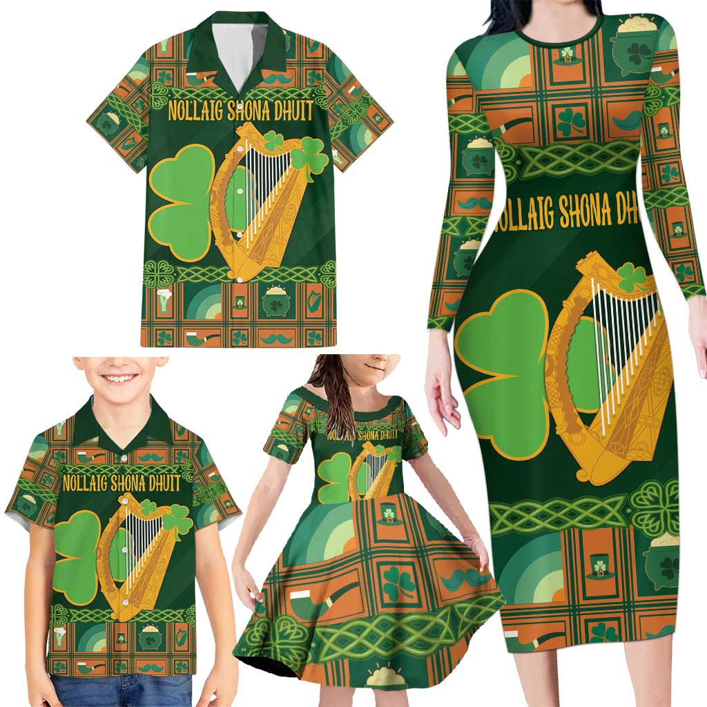 Personalized Ireland Christmas Family Matching Long Sleeve Bodycon Dress and Hawaiian Shirt Irish Harp With Lucky Shamrock - Wonder Print Shop