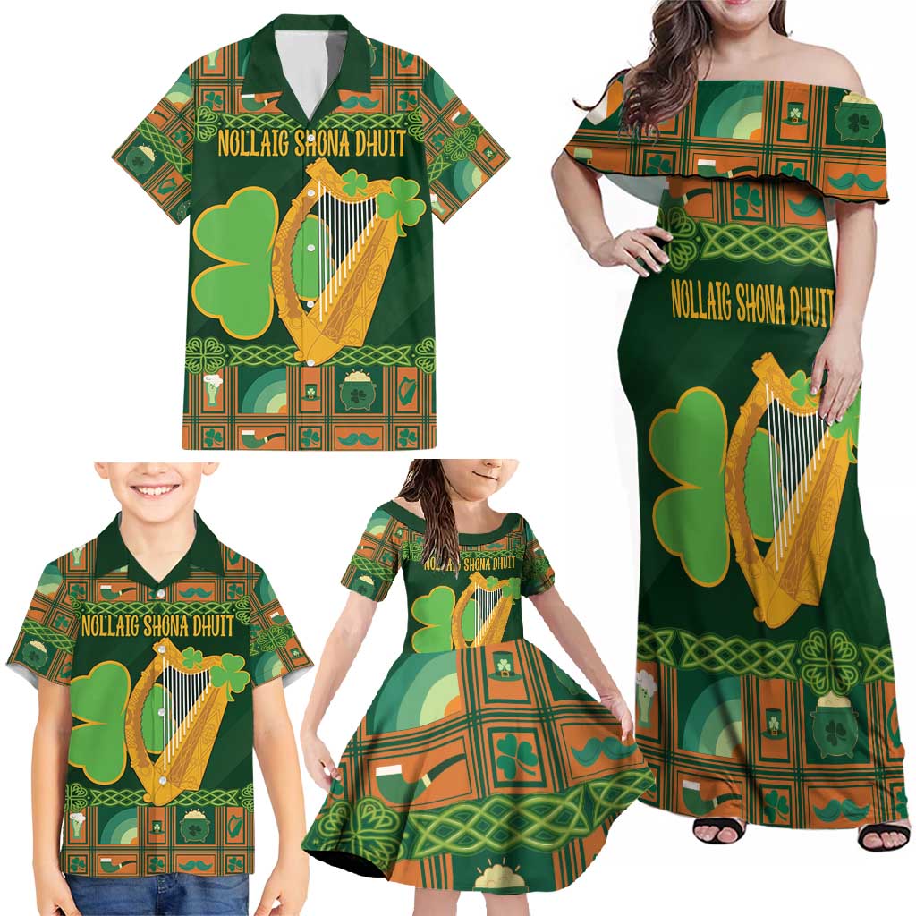 Personalized Ireland Christmas Family Matching Off Shoulder Maxi Dress and Hawaiian Shirt Irish Harp With Lucky Shamrock - Wonder Print Shop