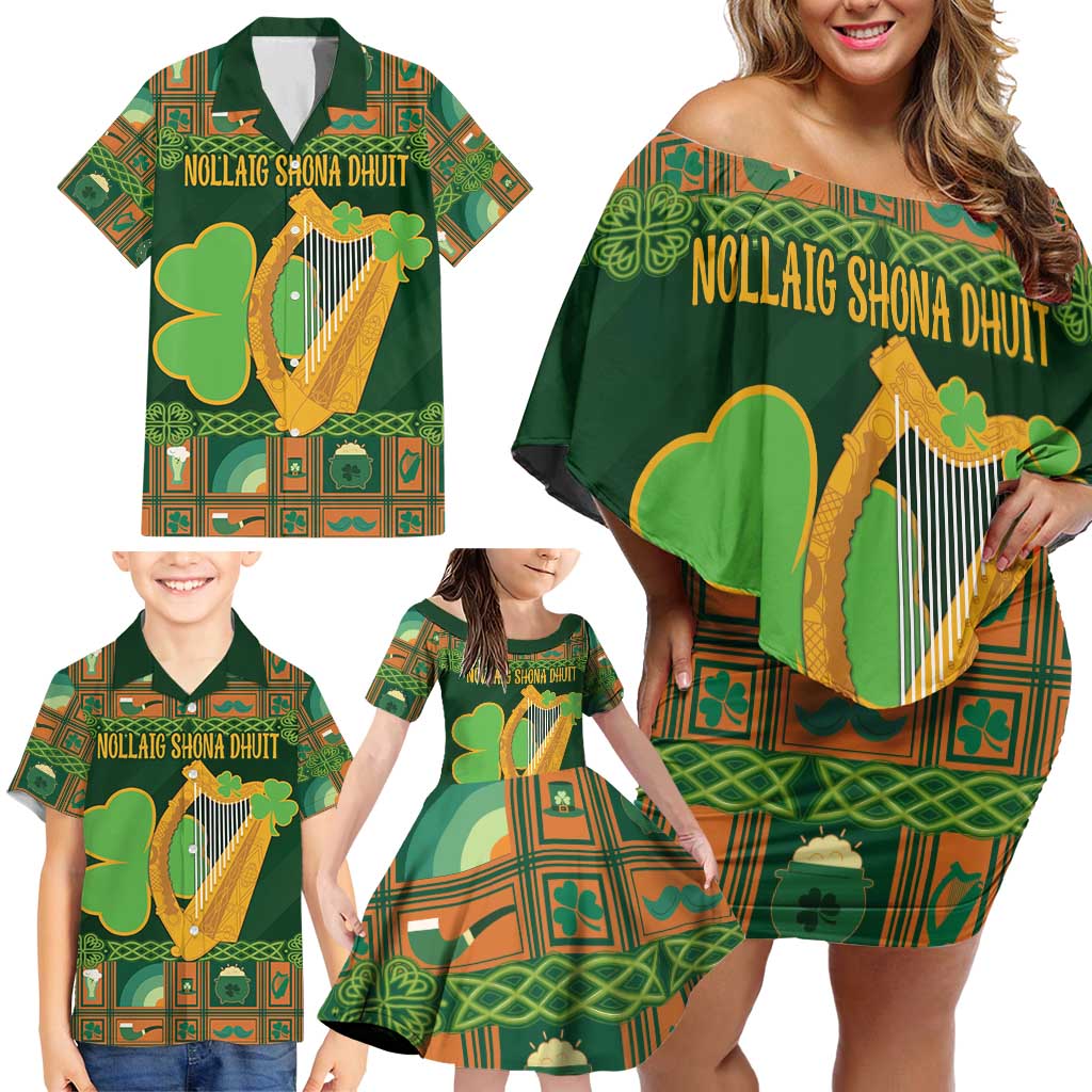 Personalized Ireland Christmas Family Matching Off Shoulder Short Dress and Hawaiian Shirt Irish Harp With Lucky Shamrock - Wonder Print Shop