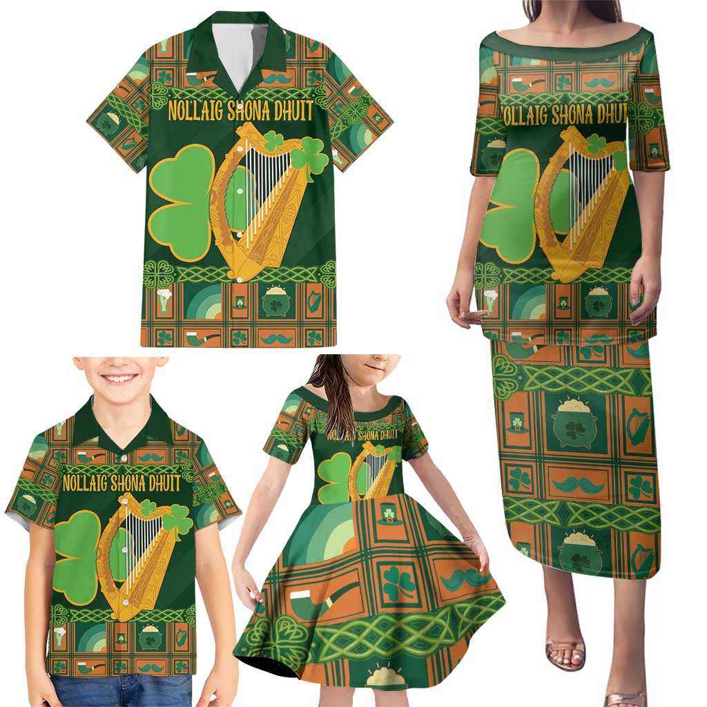 Personalized Ireland Christmas Family Matching Puletasi and Hawaiian Shirt Irish Harp With Lucky Shamrock - Wonder Print Shop