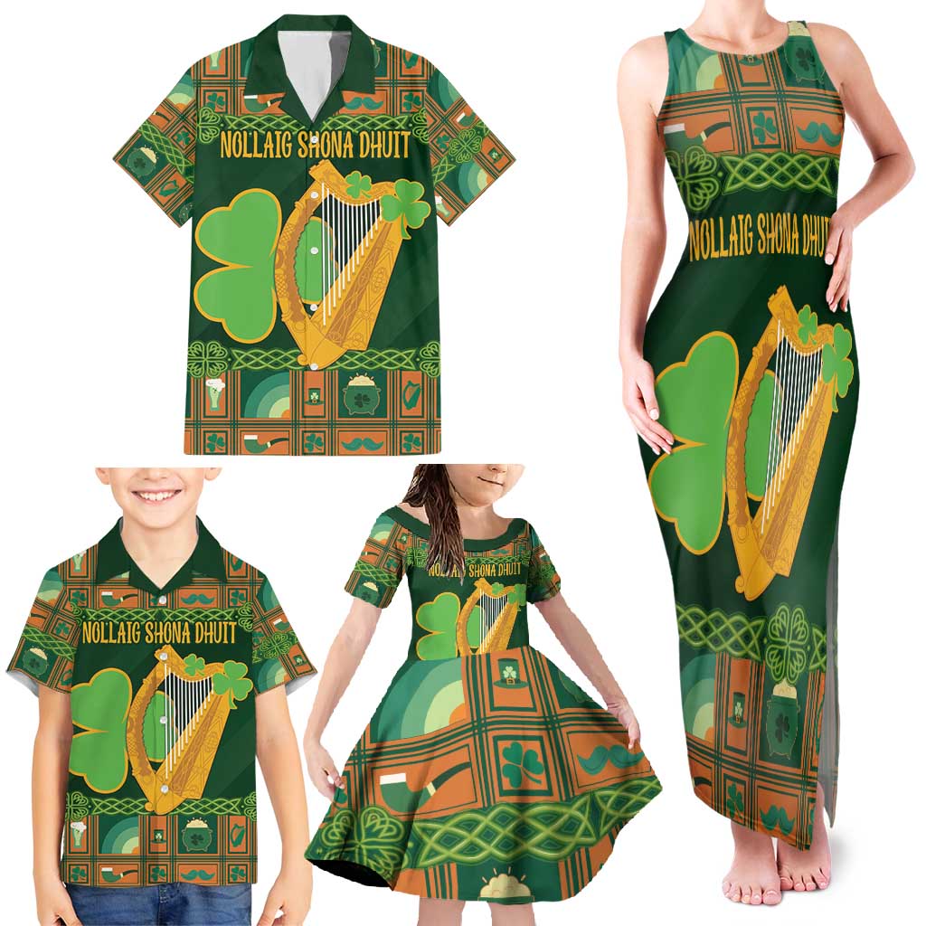 Personalized Ireland Christmas Family Matching Tank Maxi Dress and Hawaiian Shirt Irish Harp With Lucky Shamrock - Wonder Print Shop