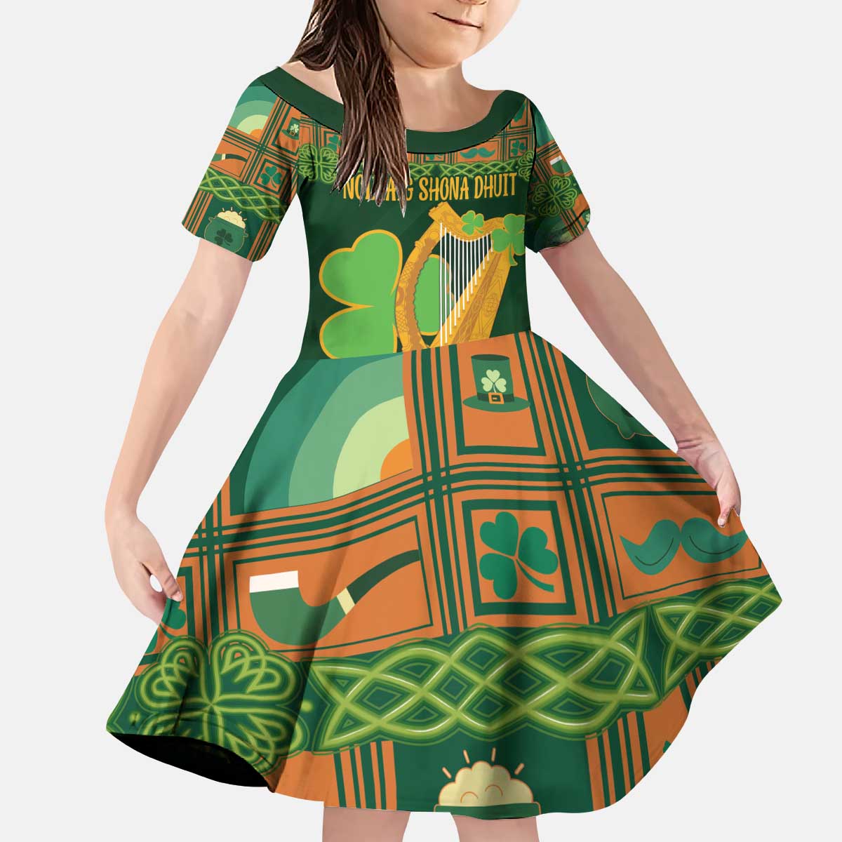 Personalized Ireland Christmas Kid Short Sleeve Dress Irish Harp With Lucky Shamrock - Wonder Print Shop